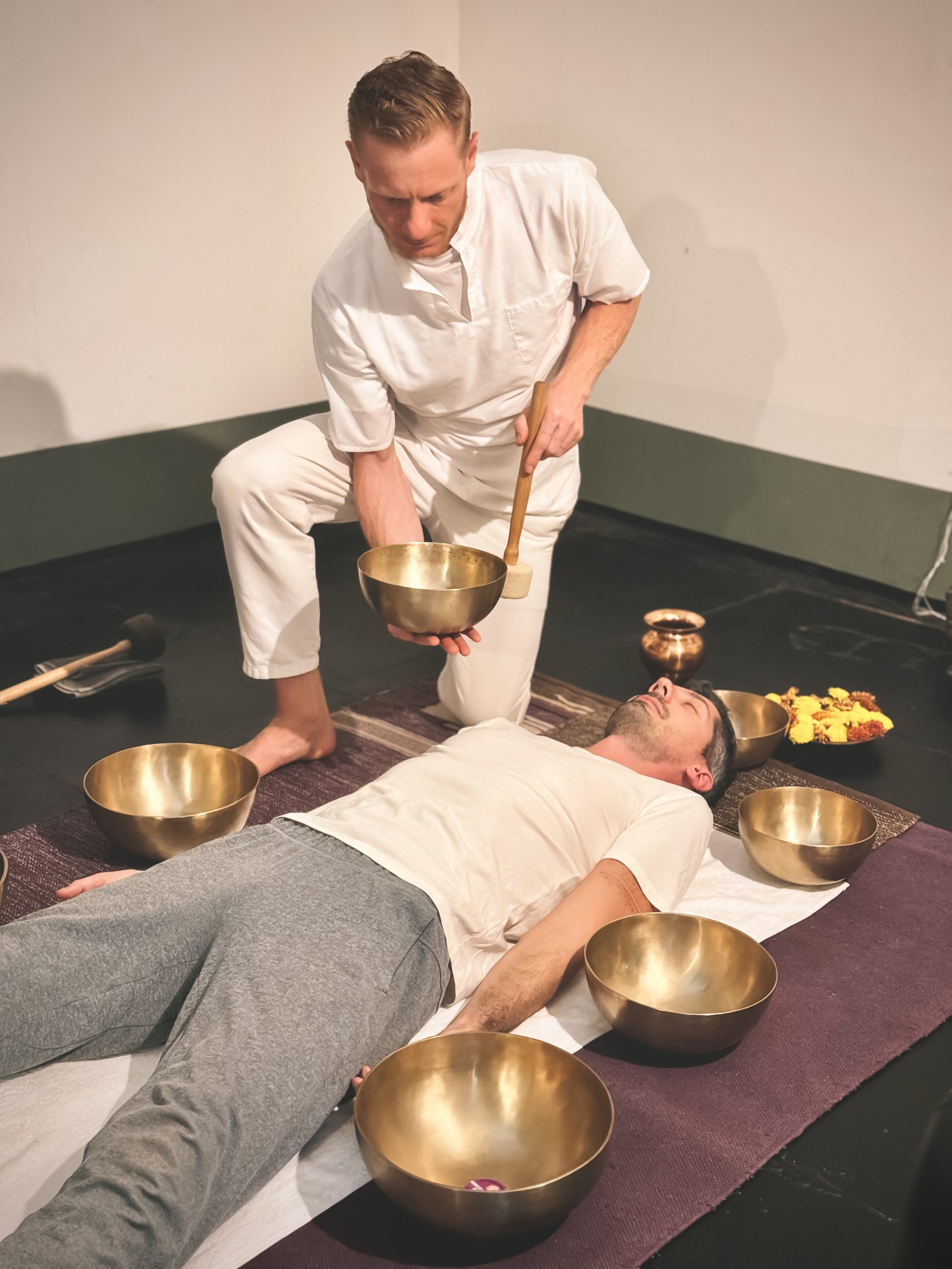 Chris providing a sound healing session